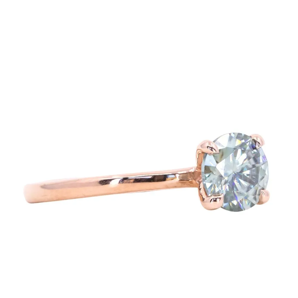 1.00ct Round Blue/Grey Moissanite 4 Prong Classic Solitaire in 14k Rose Gold