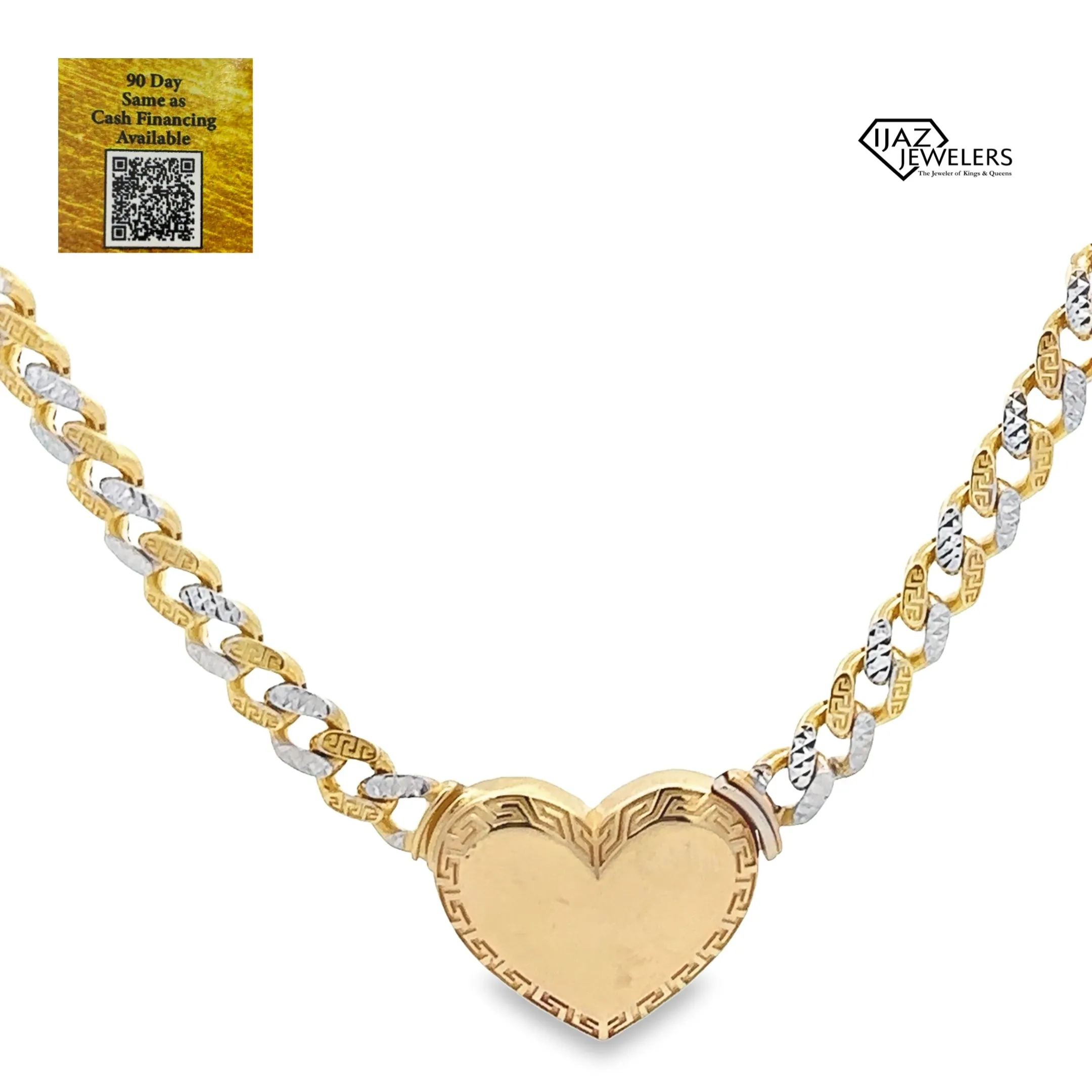 10K Gold Two Tone Diamond Cut Greek Tribal Heart Lock Cuban Link Chain