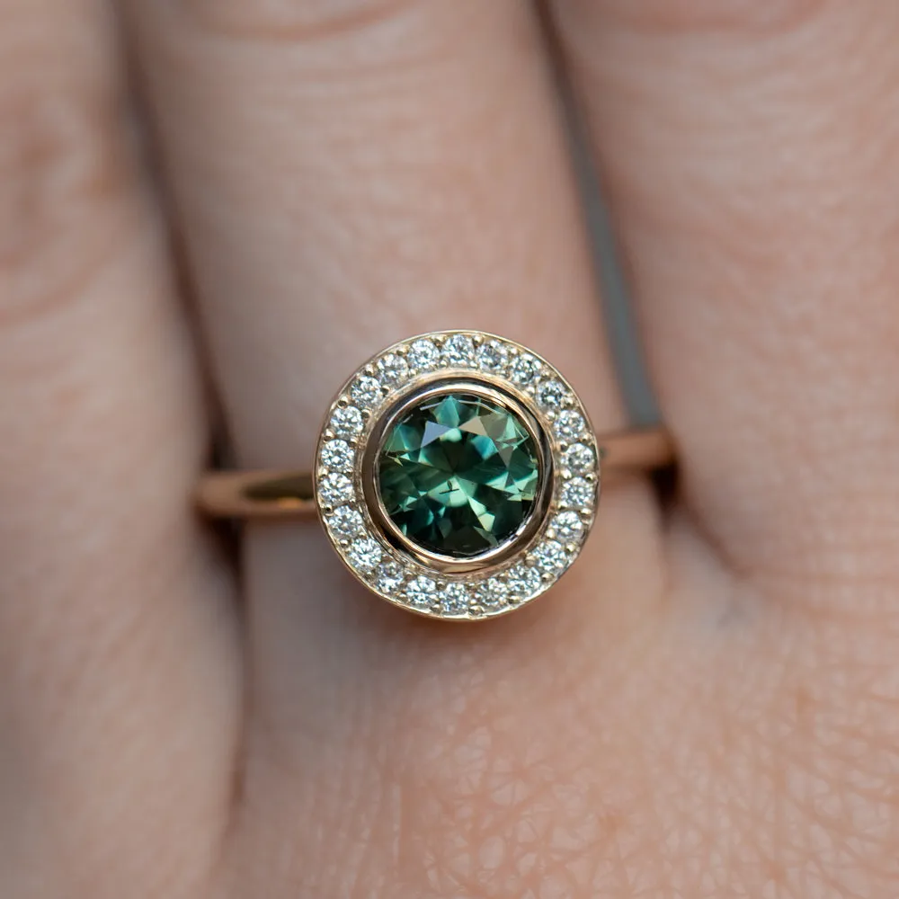 1.29ct Round Untreated Songean Green Sapphire Bezel Set Diamond Halo Ring in 14k Yellow Gold