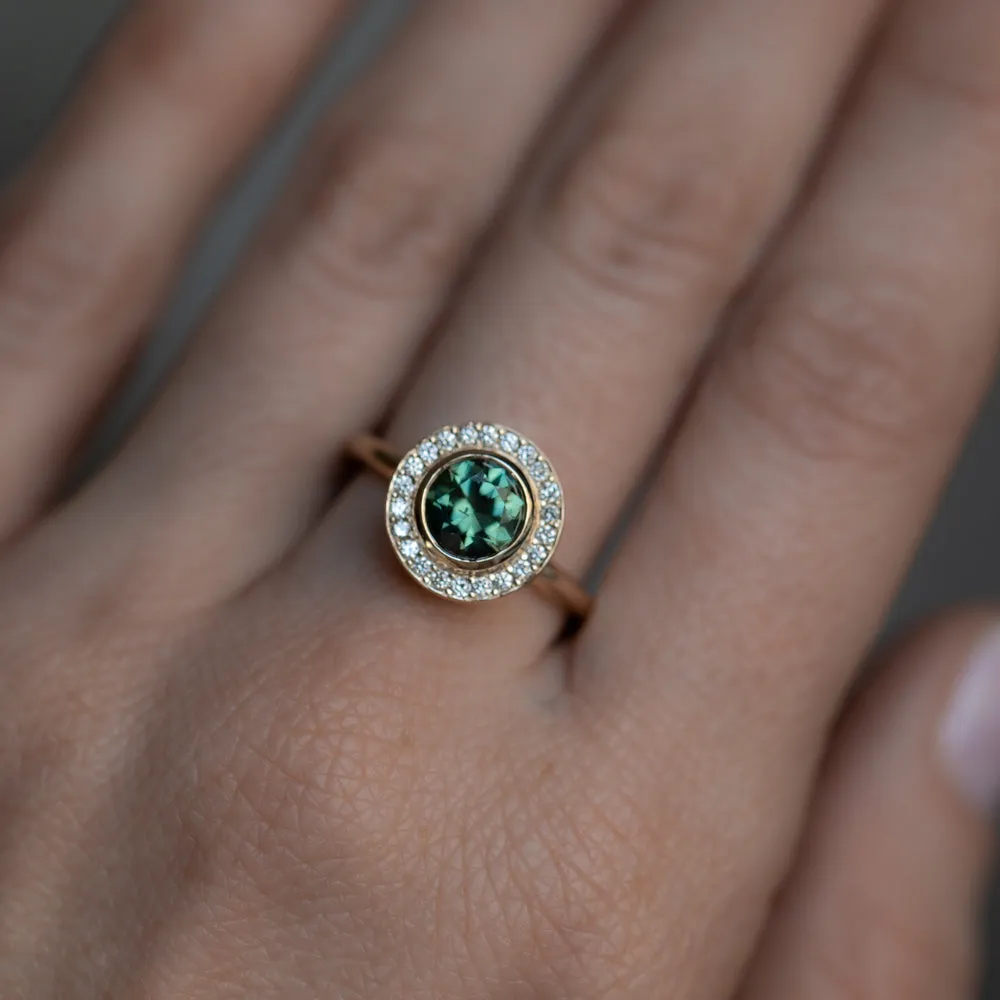 1.29ct Round Untreated Songean Green Sapphire Bezel Set Diamond Halo Ring in 14k Yellow Gold