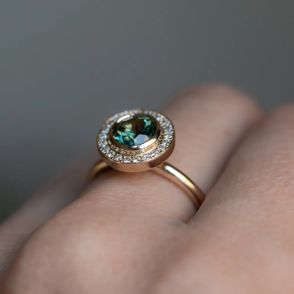 1.29ct Round Untreated Songean Green Sapphire Bezel Set Diamond Halo Ring in 14k Yellow Gold