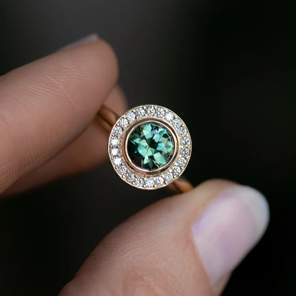 1.29ct Round Untreated Songean Green Sapphire Bezel Set Diamond Halo Ring in 14k Yellow Gold