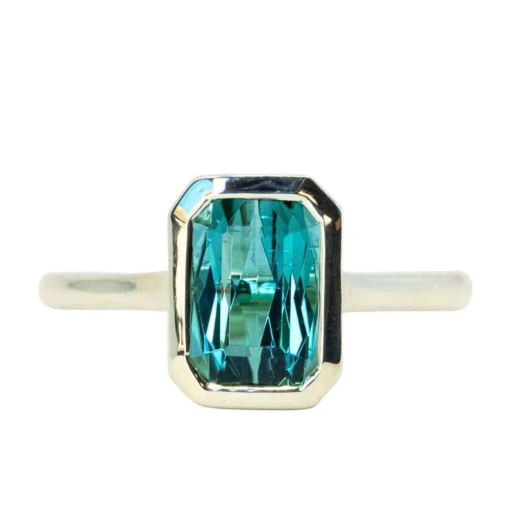 1.84ct Radiant Scissor Cut Green Tourmaline Contemporary Bezel Set Ring in 14k Green Gold