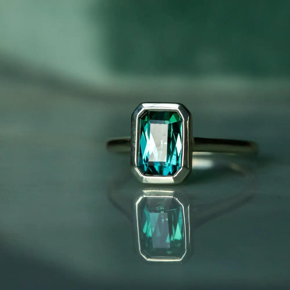 1.84ct Radiant Scissor Cut Green Tourmaline Contemporary Bezel Set Ring in 14k Green Gold