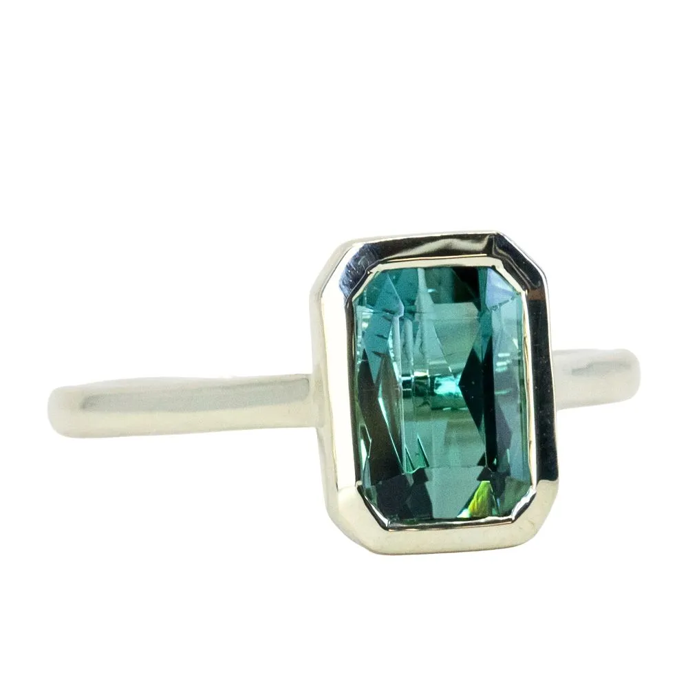 1.84ct Radiant Scissor Cut Green Tourmaline Contemporary Bezel Set Ring in 14k Green Gold