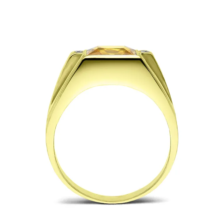 18K Gold Plated 925 Solid Silver Mens Yellow Citrine Ring 4 Diamond Accent