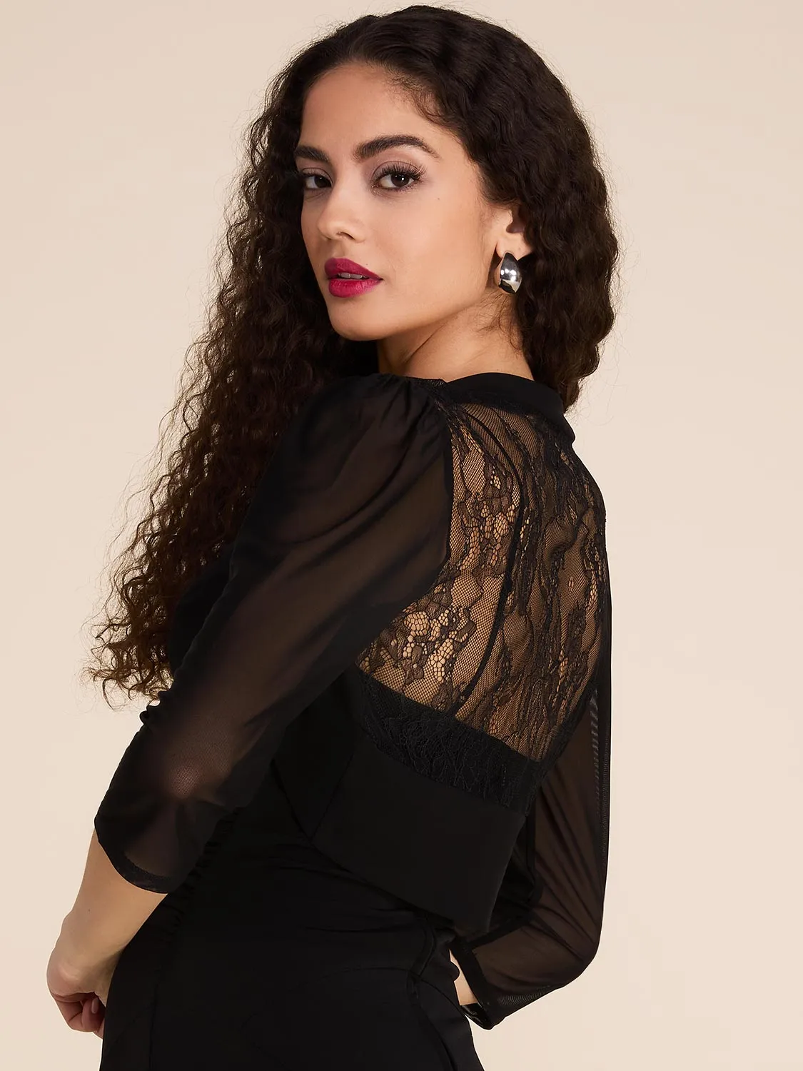 3/4 Sleeve Lace Back Mesh Cover-Up