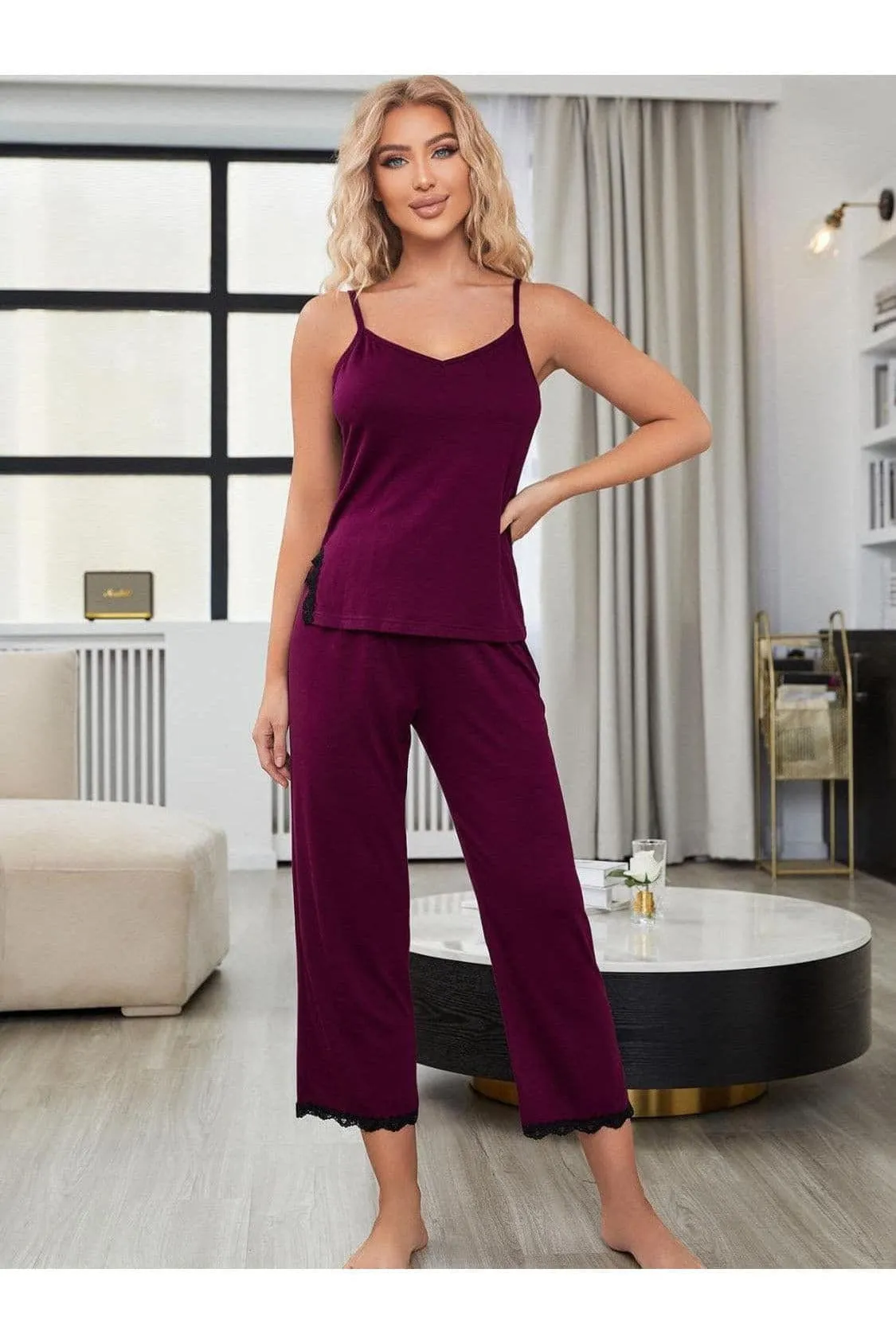 Alex V-Neck Lace Trim Slit Cami and Pants Pajama Set