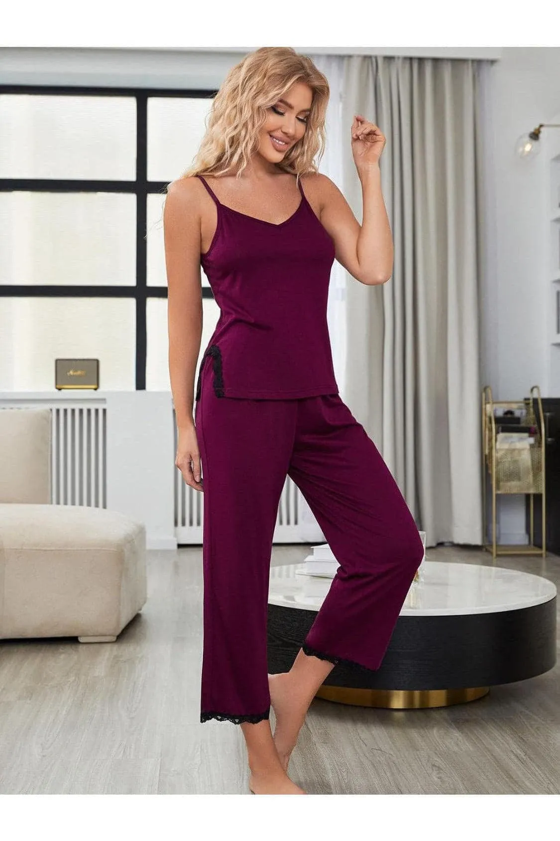 Alex V-Neck Lace Trim Slit Cami and Pants Pajama Set