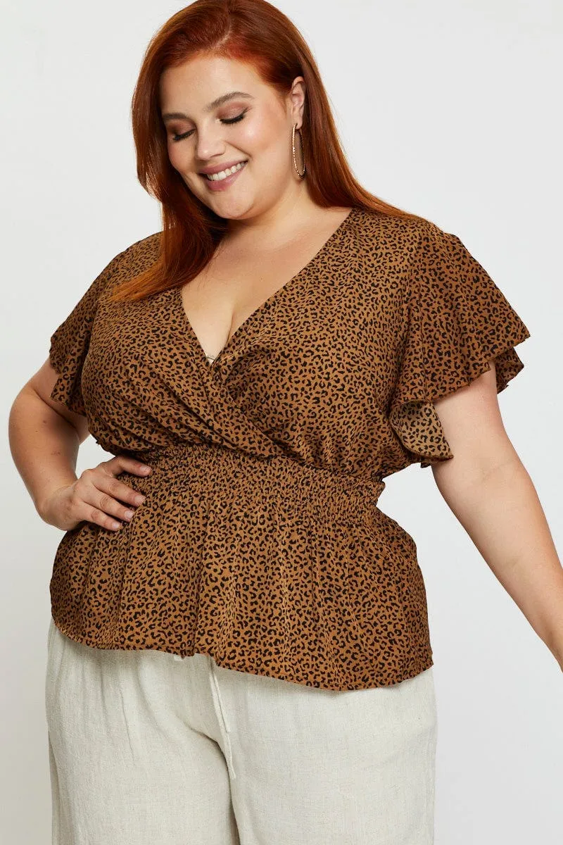 Animal Print Peplum Top Short Sleeve