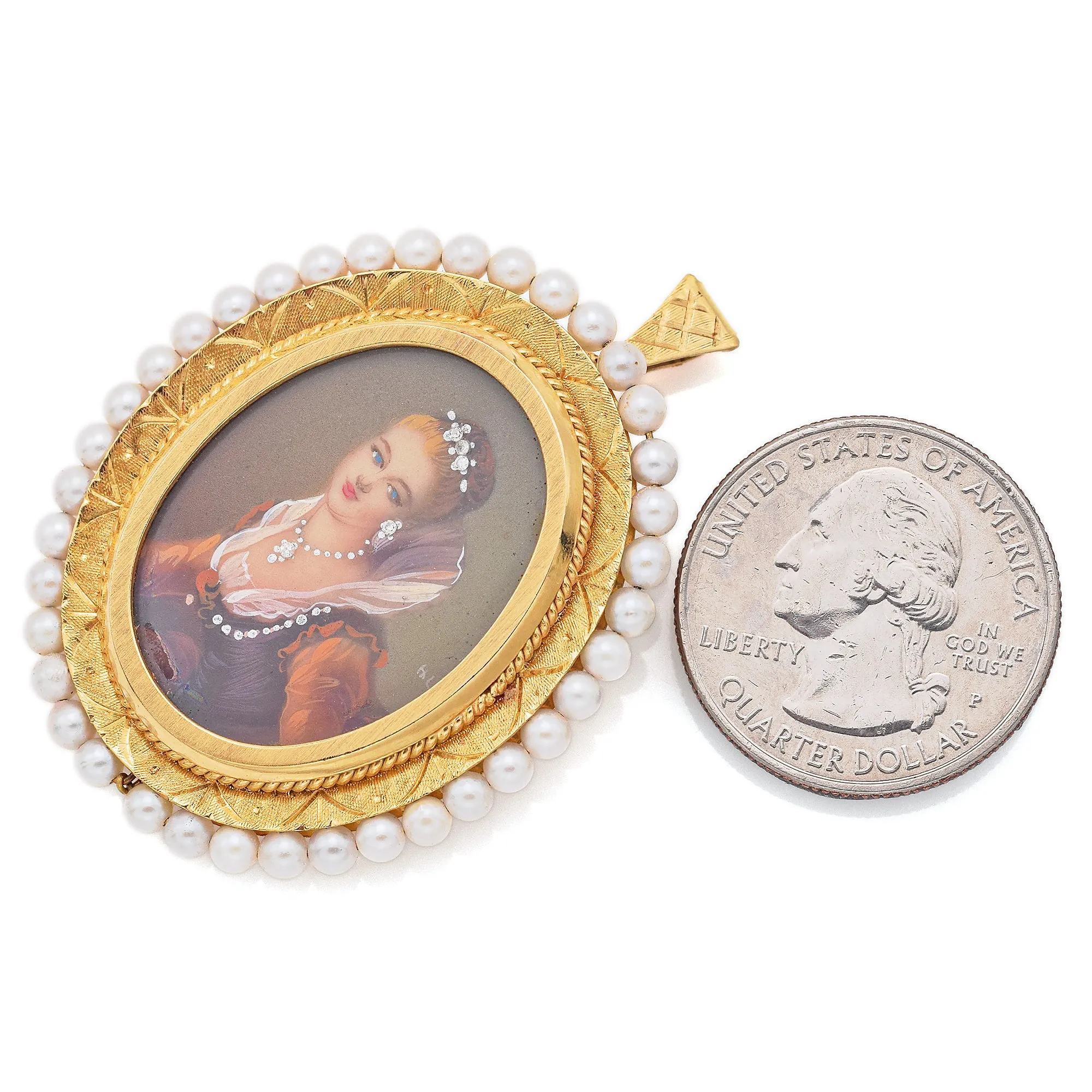 Antique 18K Gold Italy Sea Pearl & Diamond Hand Painted Portrait Brooch Pendant