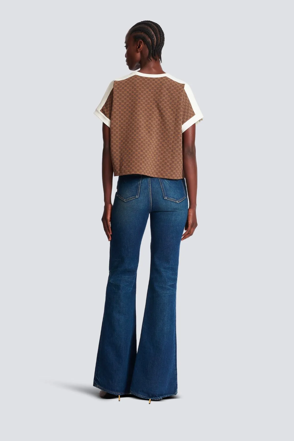 Balmain Monogram Cropped T-Shirt - Brown/ Cream