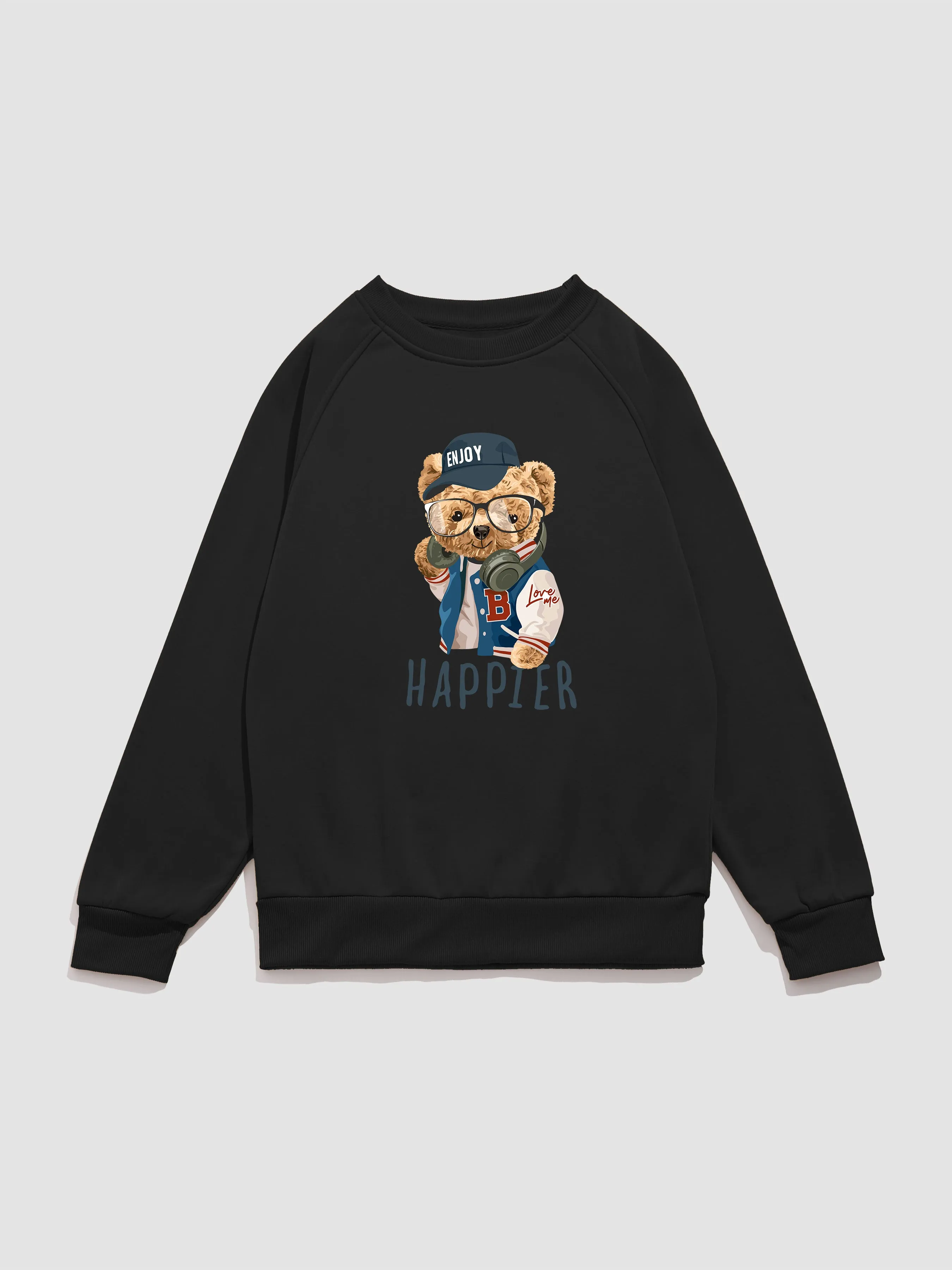 Baseball Jacket Bear Print Raglan Sleeve Sweatshirt