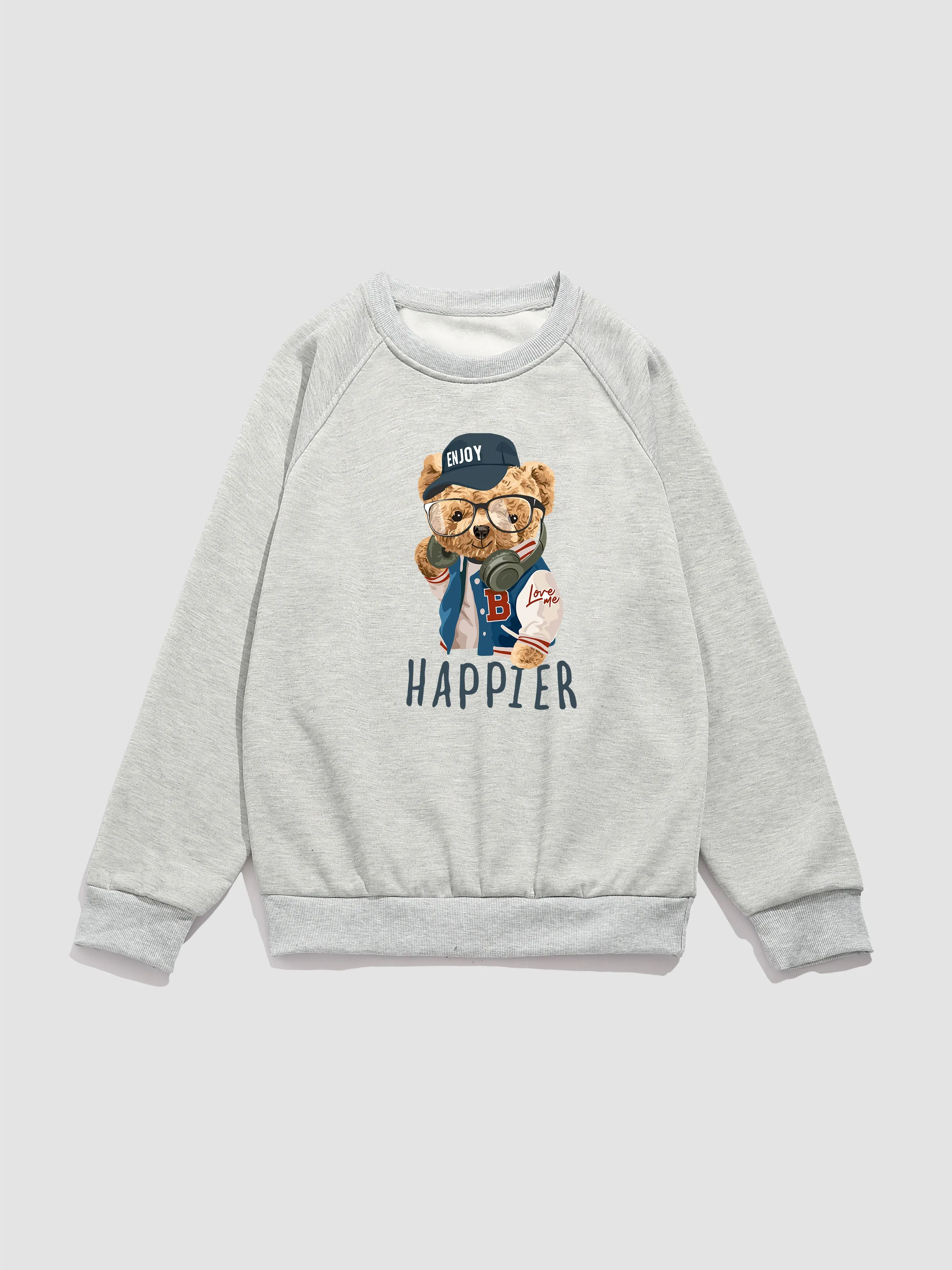 Baseball Jacket Bear Print Raglan Sleeve Sweatshirt