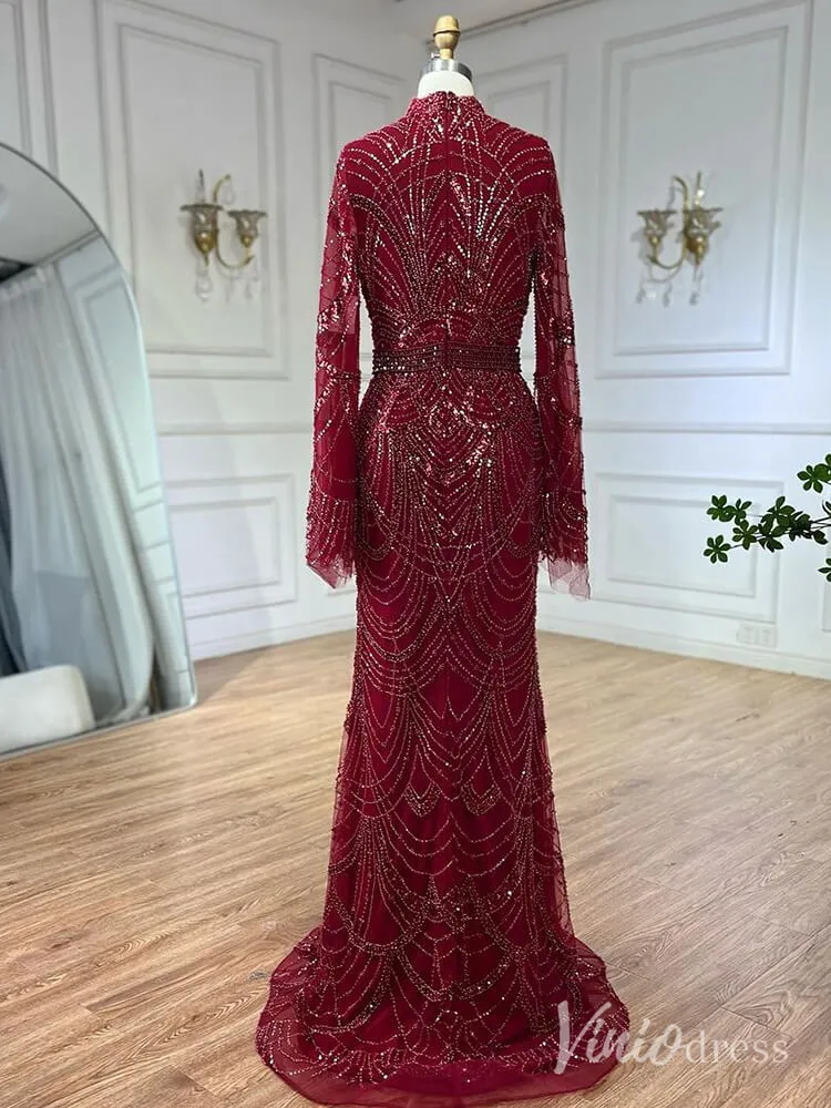 Beaded Sheath Long Sleeve Prom Dresses High Neck Pageant Dress AD1256