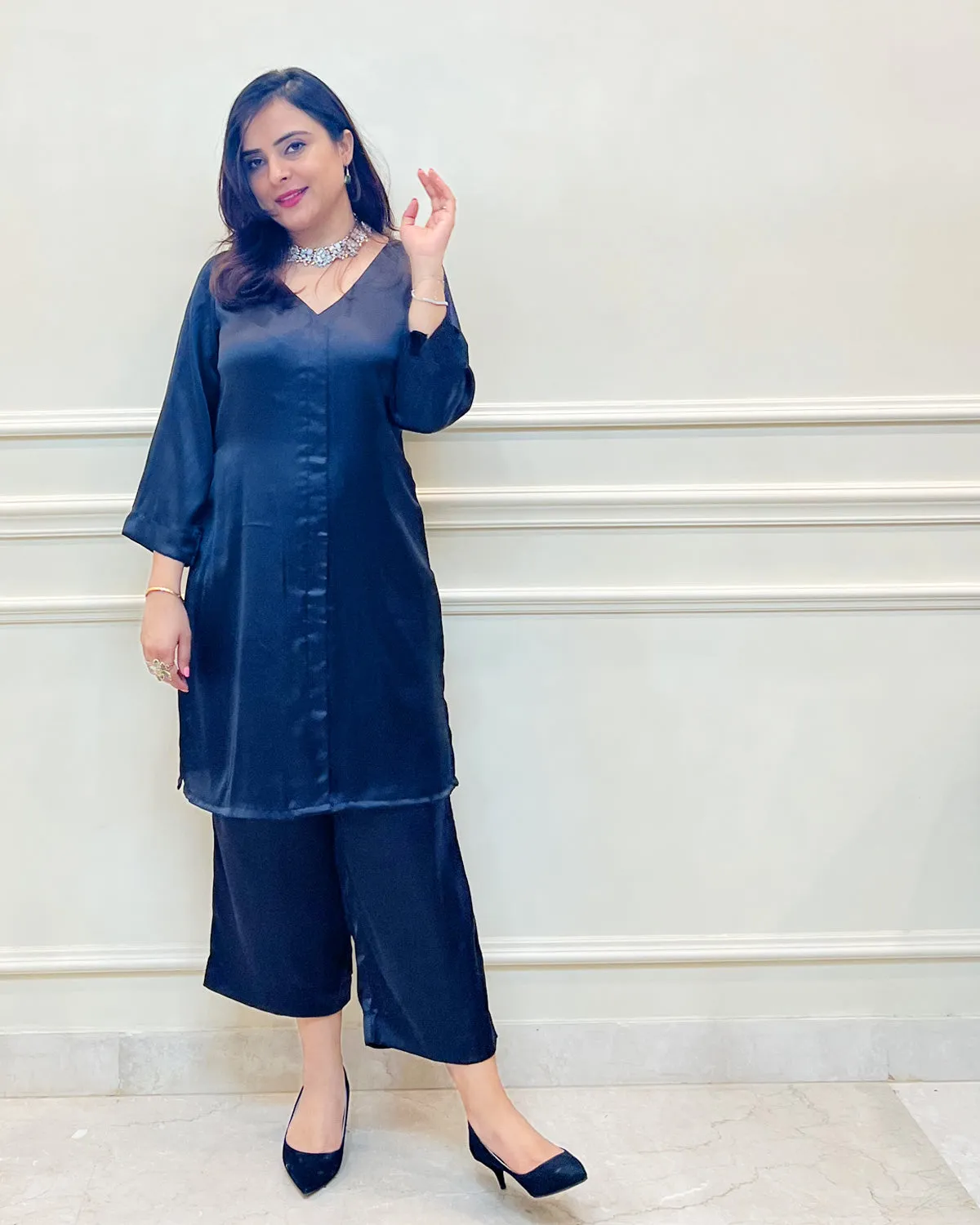 Black Satin Short Kurta & Palazzo - Coord Set of 2