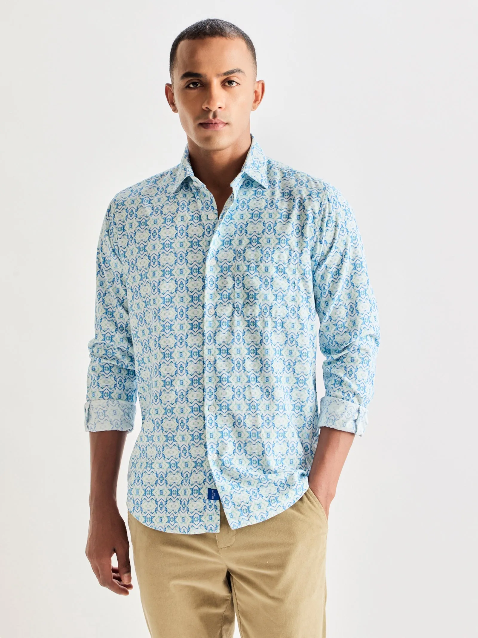 Blue Printed Corduroy Shirt