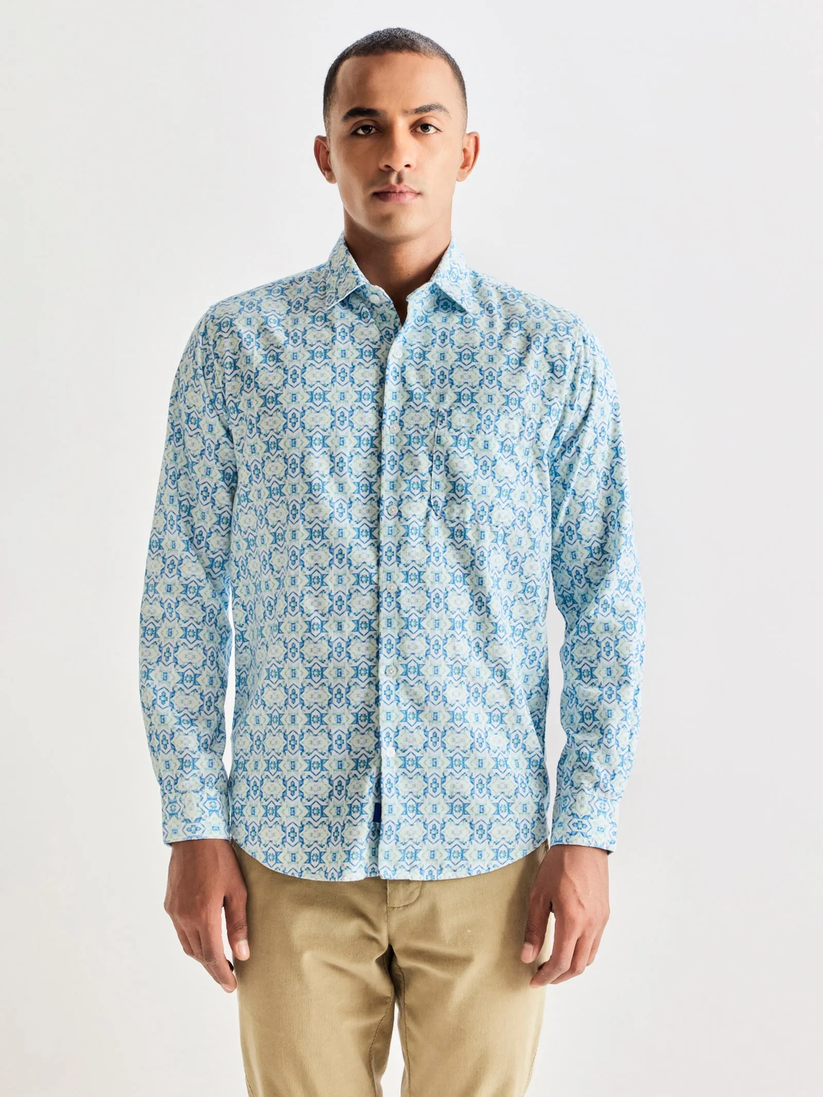 Blue Printed Corduroy Shirt