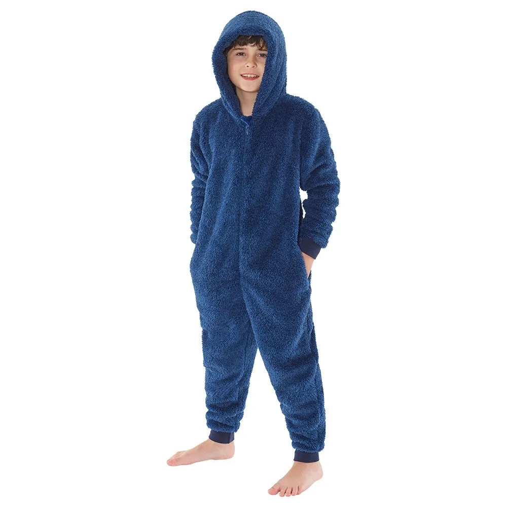 Boys Fluffy Navy Blue Fleece Onesie