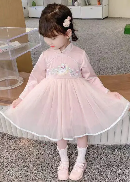 Chinese Style Pink Stand Collar Tulle Patchwork Girls Dresses Long Sleeve XZ018