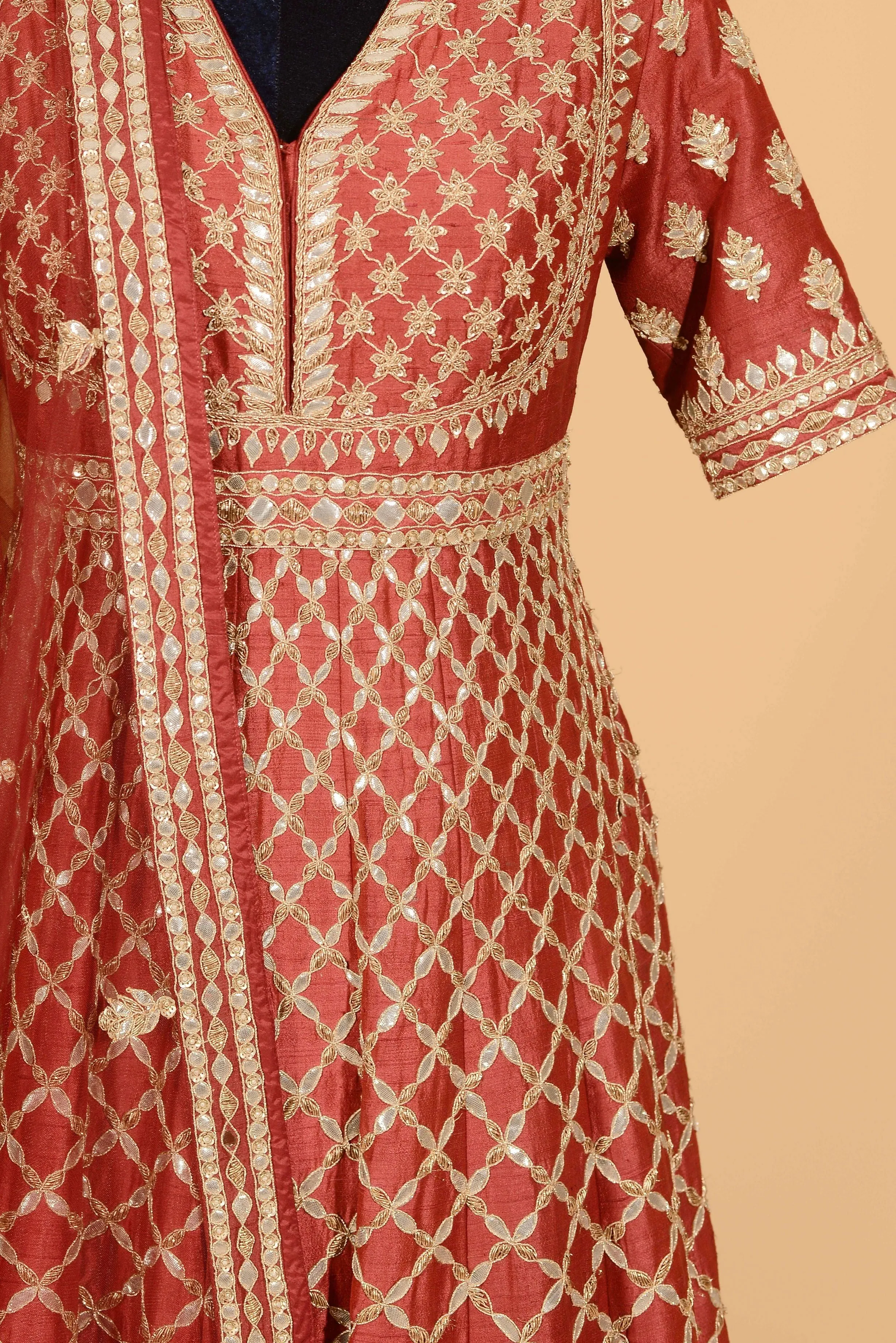 Deep red anarkali with dupatta set.