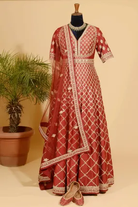 Deep red anarkali with dupatta set.