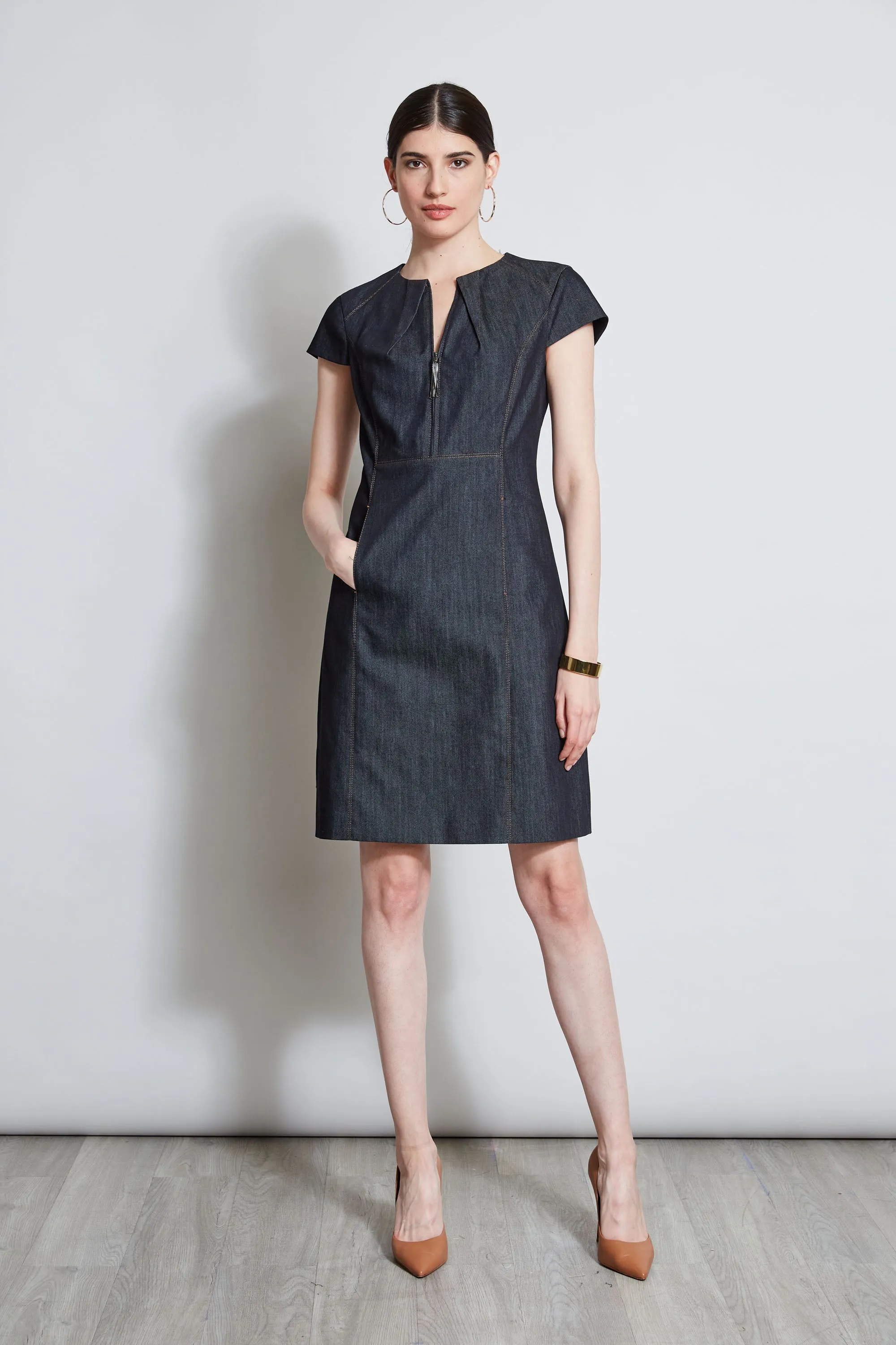 Denim Fit & Flare Zip Dress