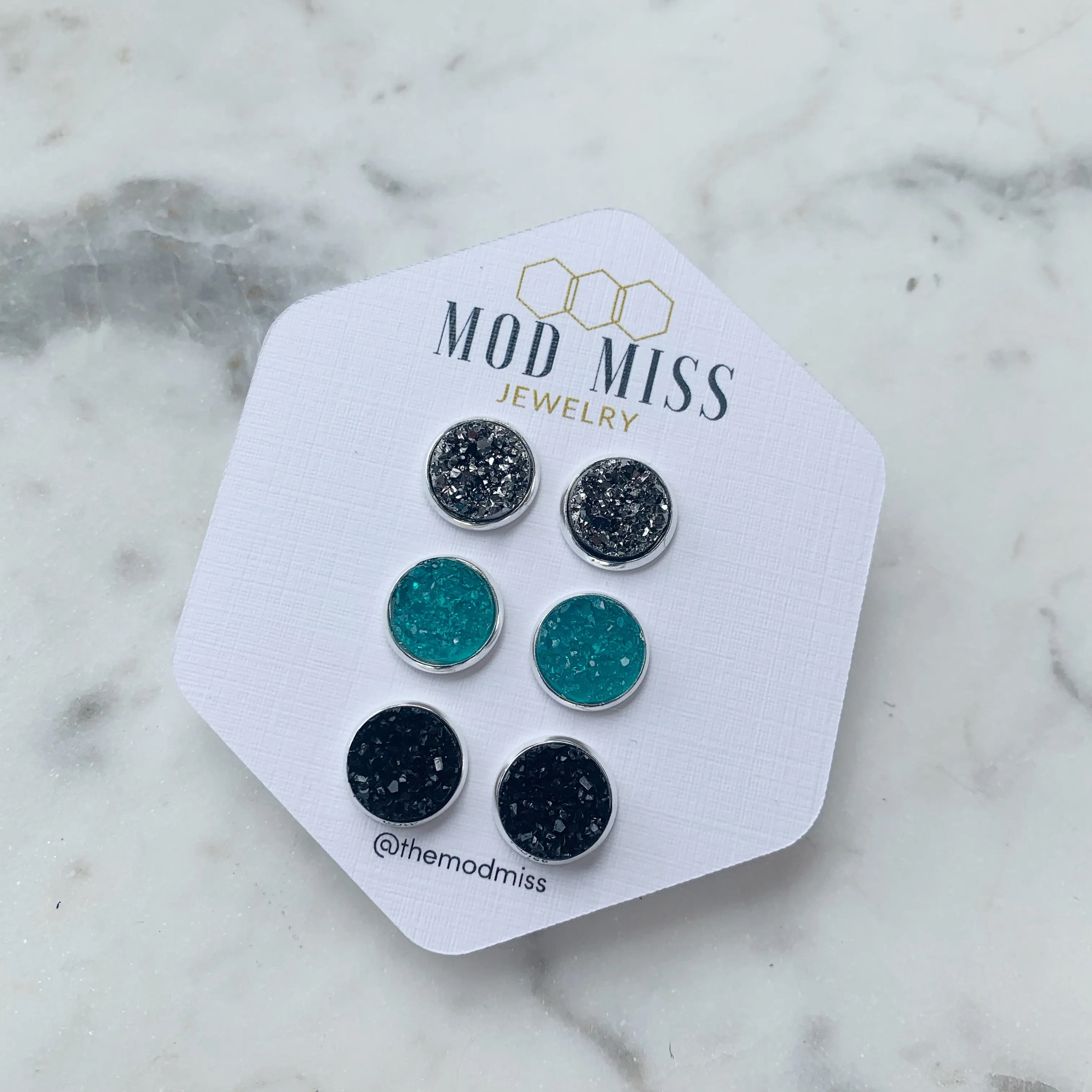 Druzy Stud Earring Set of 3 Gunmetal, Teal & Black in Silver Setting