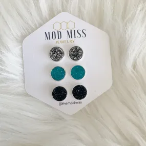 Druzy Stud Earring Set of 3 Gunmetal, Teal & Black in Silver Setting