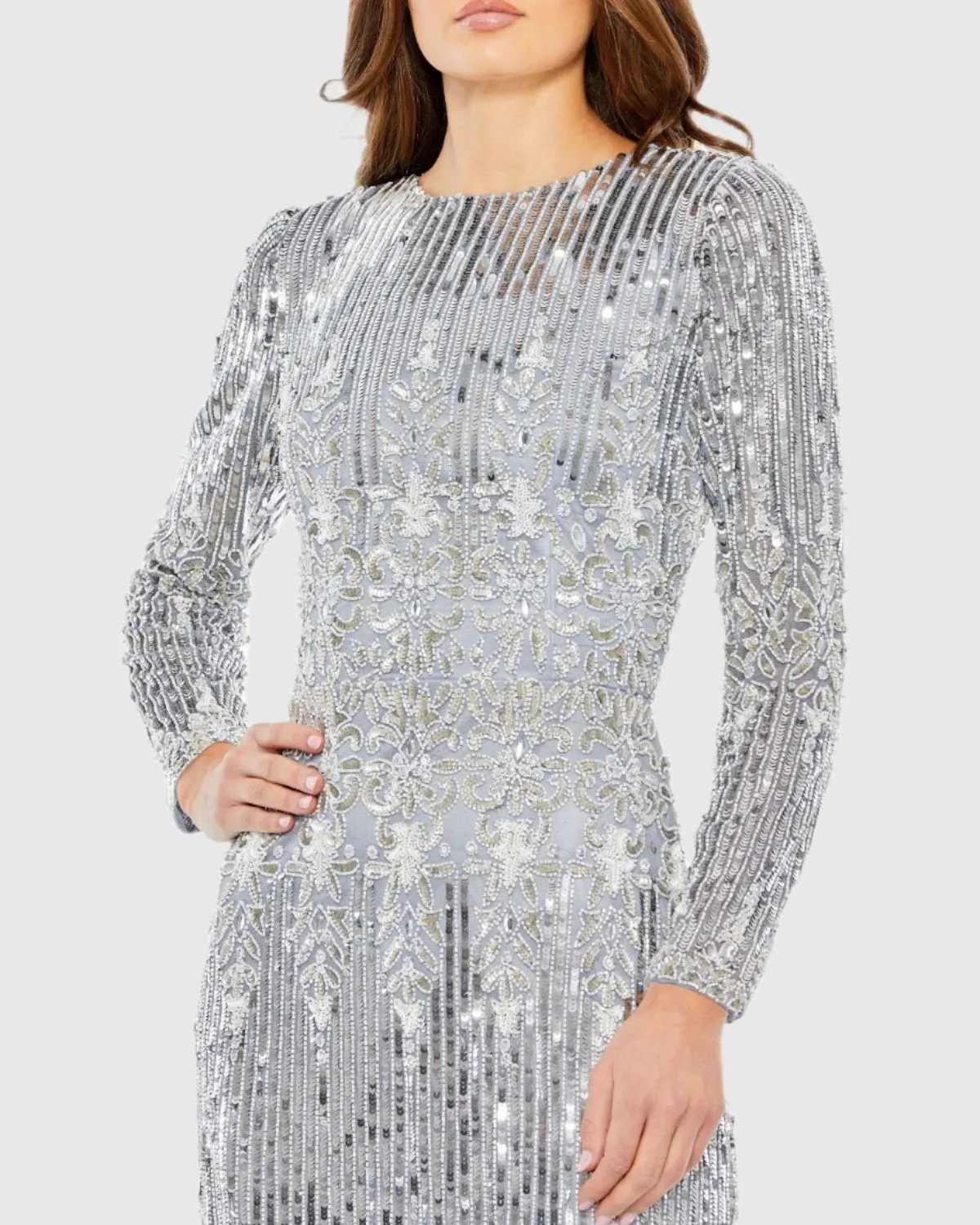 Embellished Long Sleeve High Neck Column Dress