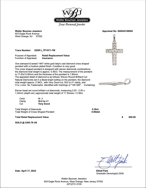 Estate 14K W Gold 0.36ctw H-I/SI2-I1 Diamond Cross