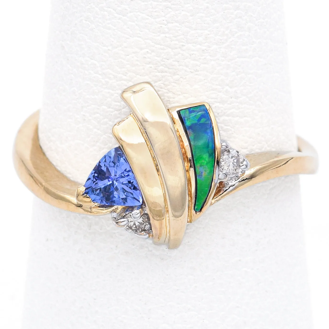 Estate Tanzanite, Black Opal & Diamond 14K Yellow Gold Band Ring Size 7.5