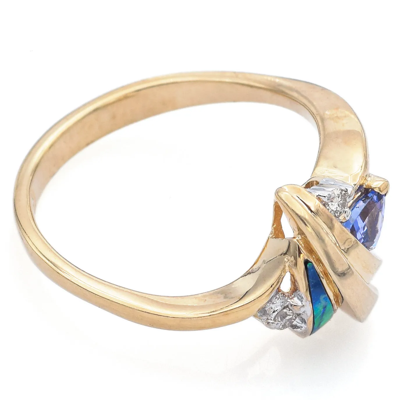 Estate Tanzanite, Black Opal & Diamond 14K Yellow Gold Band Ring Size 7.5