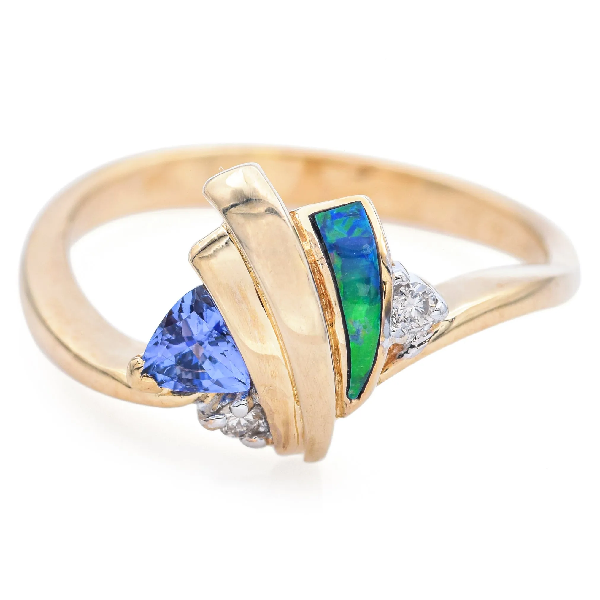 Estate Tanzanite, Black Opal & Diamond 14K Yellow Gold Band Ring Size 7.5