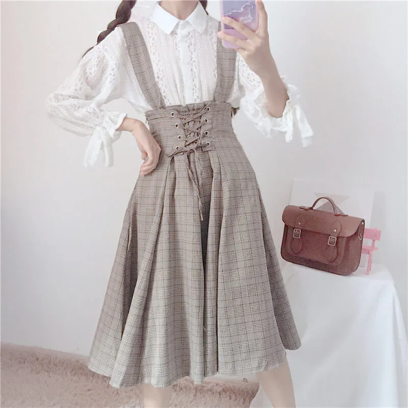 JAPANESE SWEET SOFTGIRL LACE SHIRT & PLAID SUSPENDERS DRESS BY98052