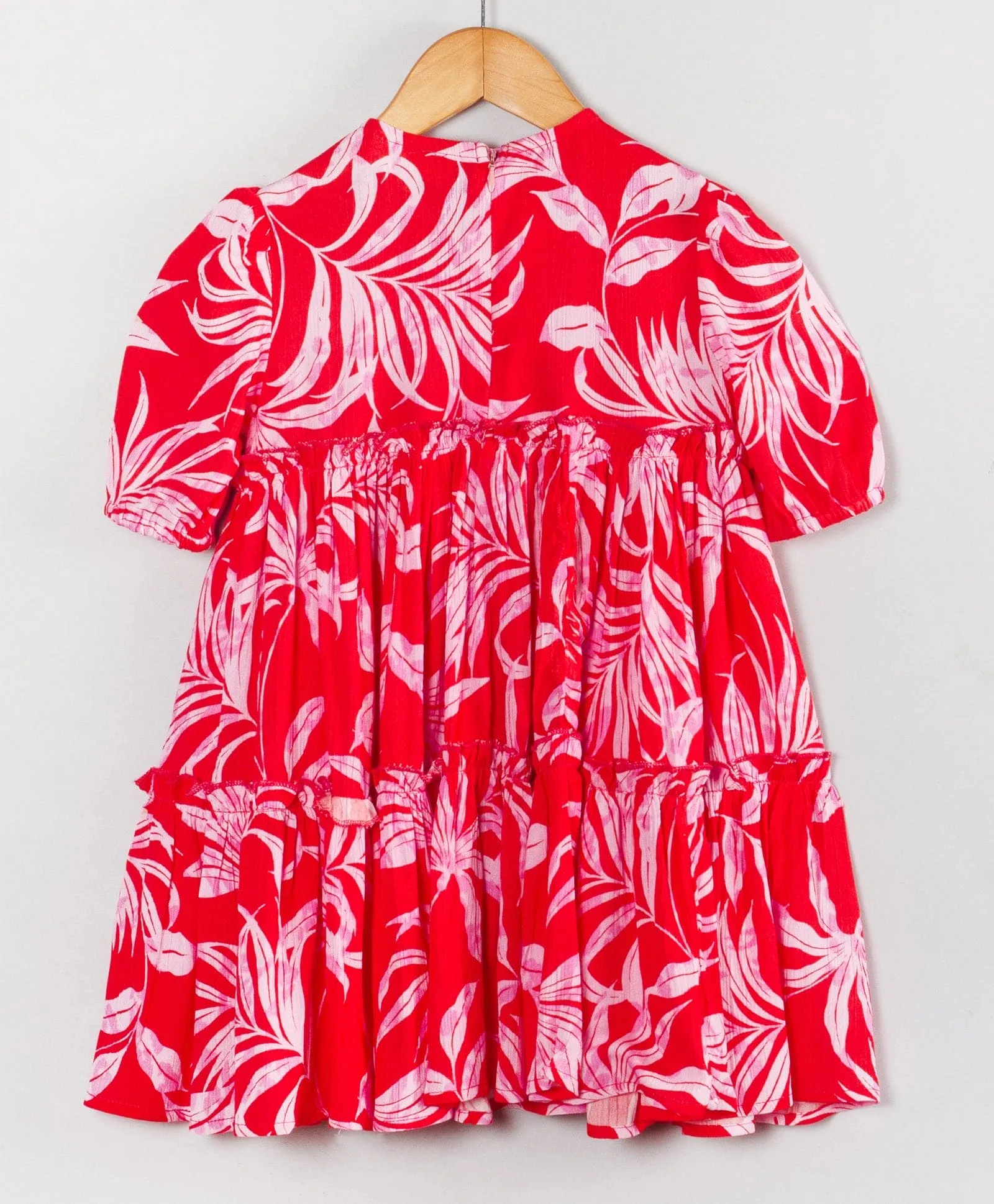 Leaf print short sleeve dress-Red & Pink