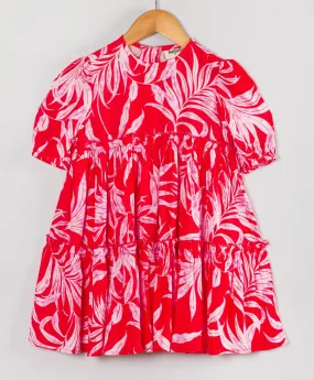 Leaf print short sleeve dress-Red & Pink