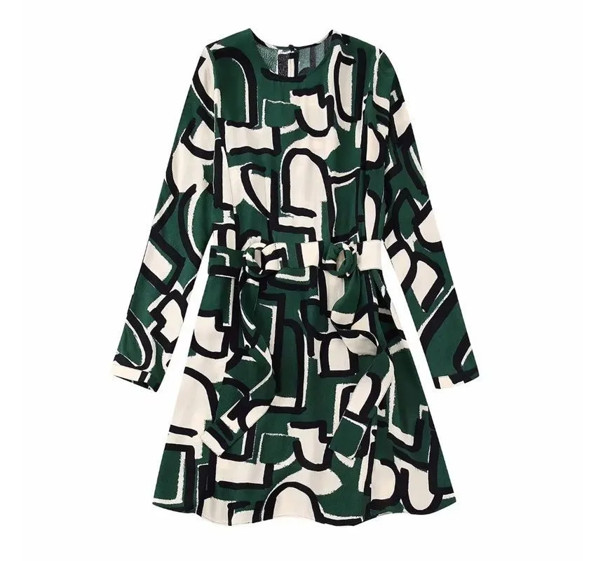 Long-Sleeve Crew Neck Patterned Tie-Waist Mini Smock Dress kk10