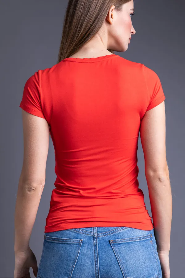 Majestic Short Sleeve Crewneck Tee with Finished Trim in Coquelicot