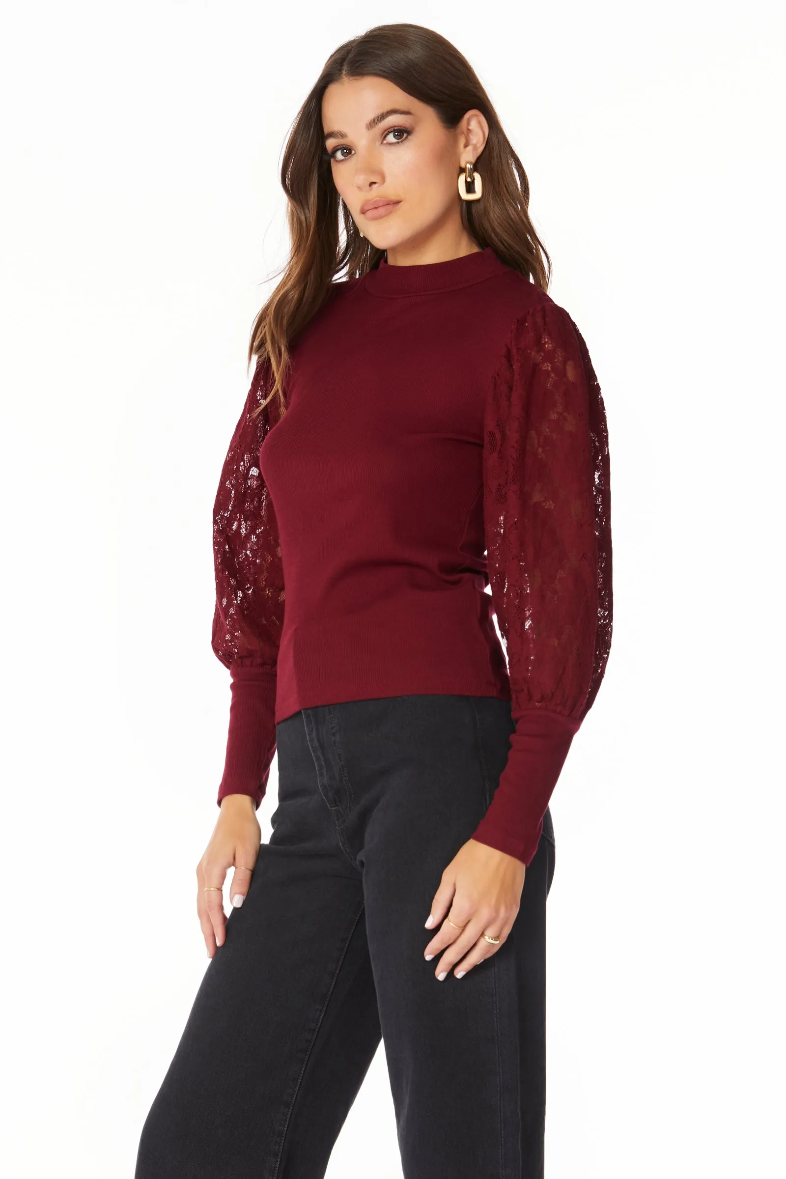 MOCK NECK TOP WITH LACE SLEEVES