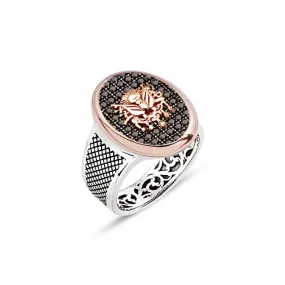 Ottoman Coat of Arms on Black Zircons Ellipse Silver Men’s Ring Siding Diamond Pattern