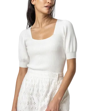 Ribbed Elbow Sleeve Square Neck Sweater (White)