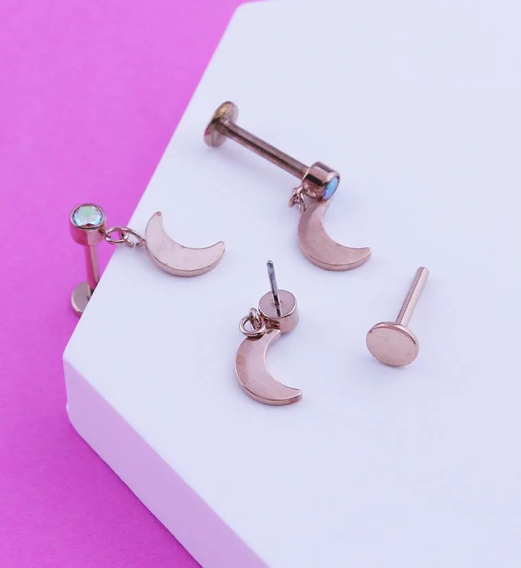 Rose Gold PVD Half Moon Dangle Rainbow Aurora CZ Titanium Threadless Labret