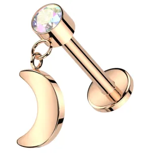 Rose Gold PVD Half Moon Dangle Rainbow Aurora CZ Titanium Threadless Labret