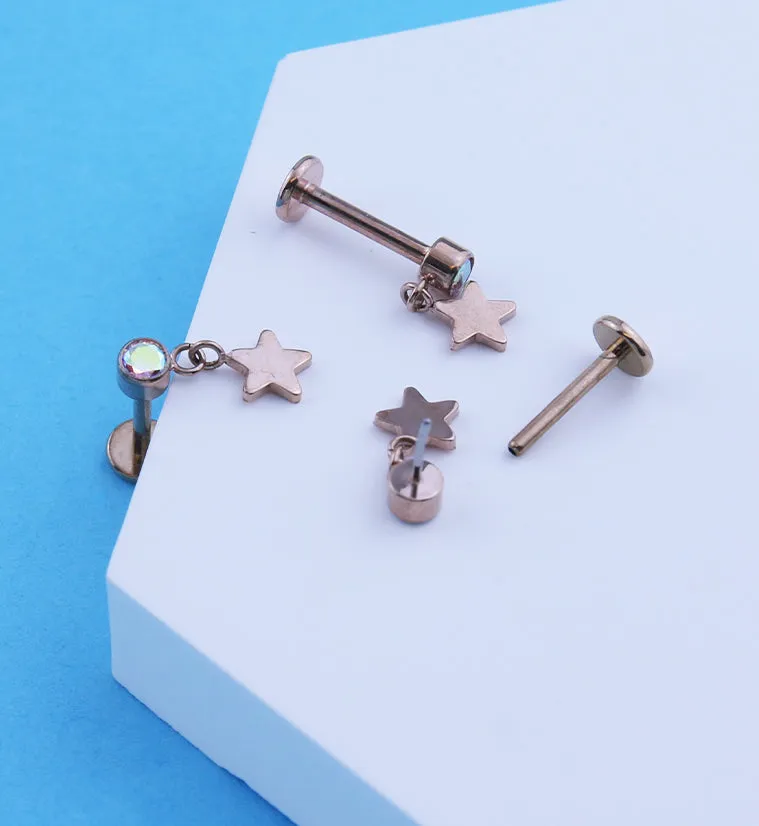 Rose Gold PVD Star Dangle Rainbow Aurora CZ Titanium Threadless Labret