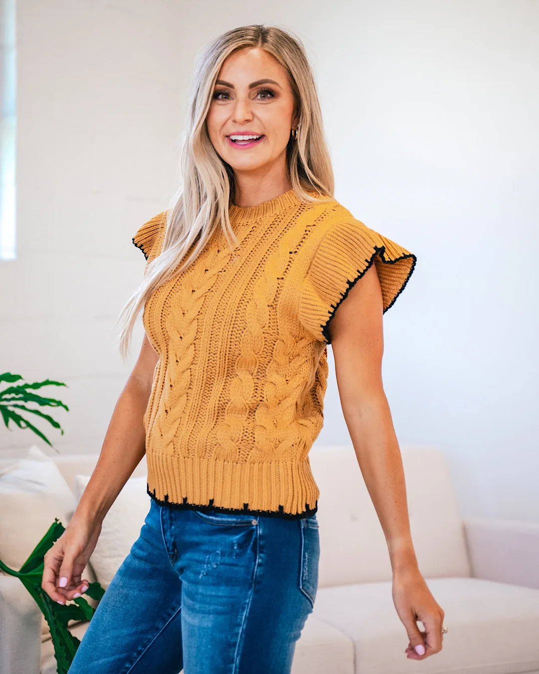 Veronica Black Trim Short Sleeve Sweater - Butterscotch