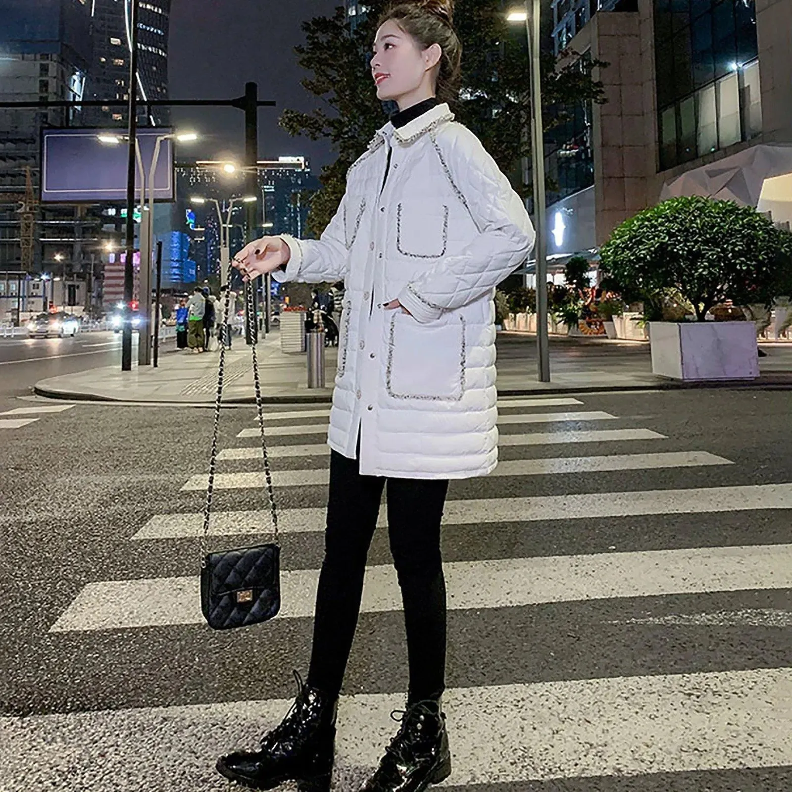 Women Black Tweed Quilted Down Puffer Padded Coat,Warm Winter Coat,White down Coat,Warm Puffy Coat,Quilted Down Jacket,Puffer Coat,Outerwear