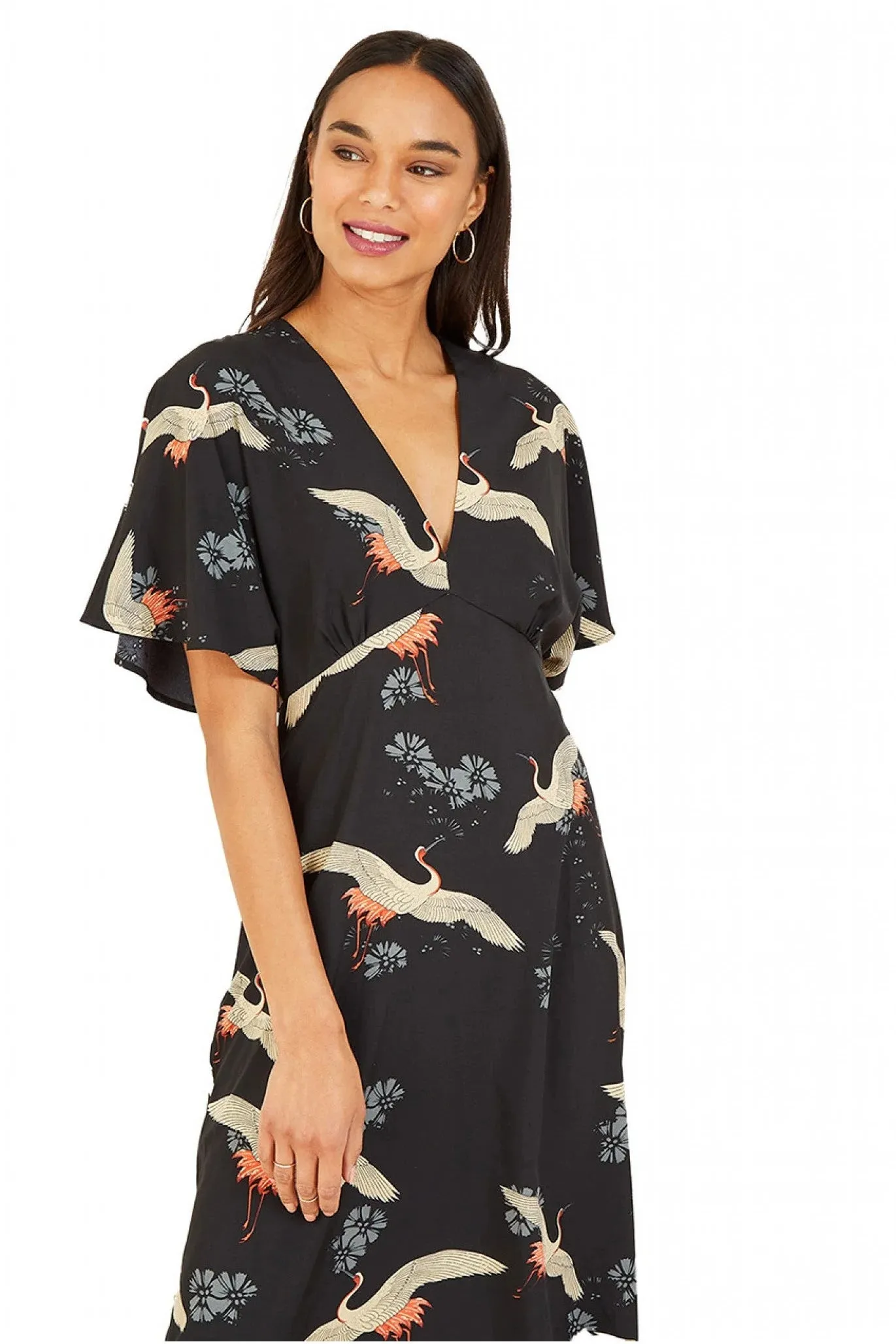 Yumi Black Crane Print Midi Dress